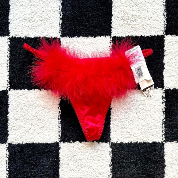Red Satin Bustier Slip & Feather Thong Set M - Picture 5 of 8